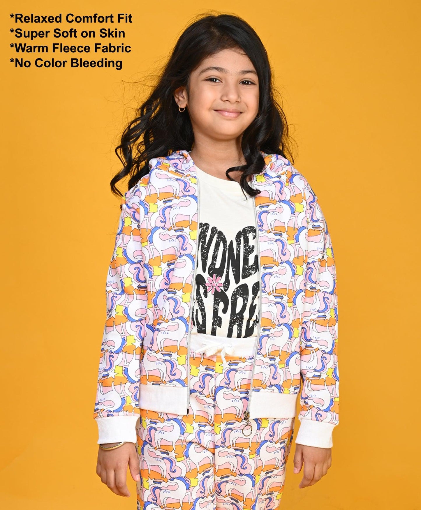 UNICORN RAINBOW GIRLS FLEECE ZIPPER HOODIE - WHITE