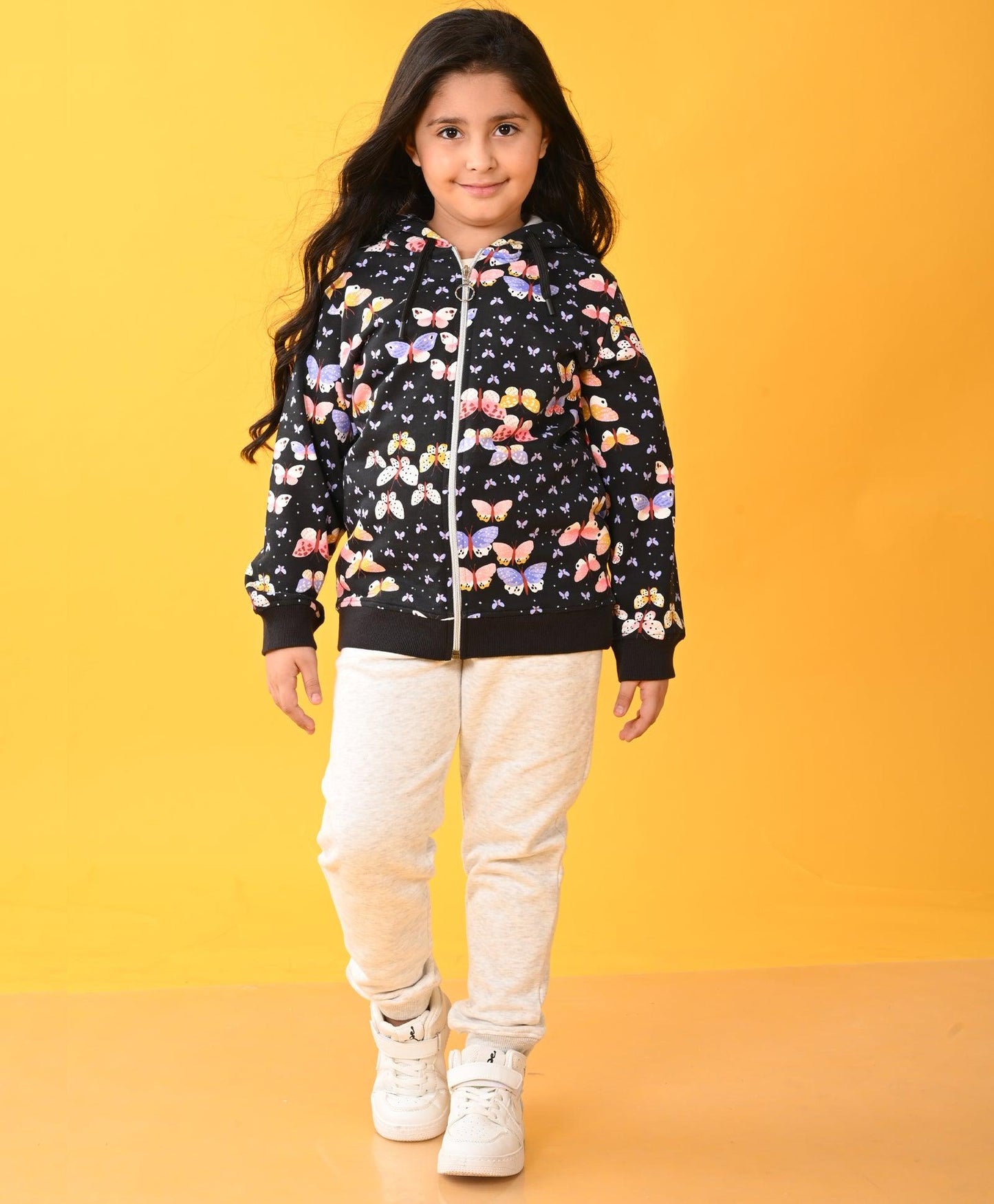 BUTTERFLY BLACK FLEECE ZIPPER HOODIE ECRU JOGGER SET - BLACK / ECRU