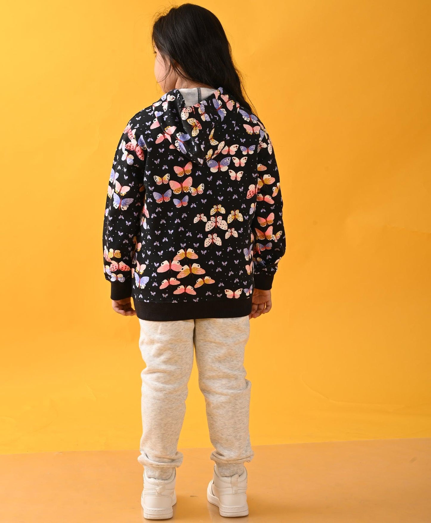 BUTTERFLY BLACK FLEECE ZIPPER HOODIE ECRU JOGGER SET - BLACK / ECRU