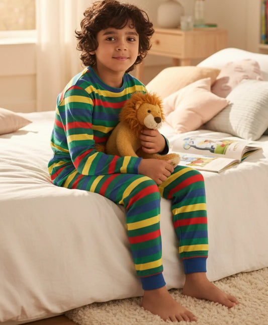 GREEN YELLOW RED STRIPE BOYS PYJAMA SET - MULTI