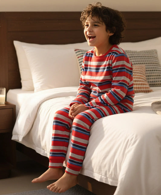 RED BLUE GREY STRIPE BOYS PYJAMA SET - MULTI