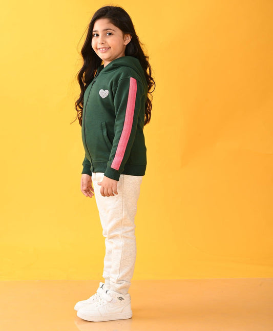 OLIVE FLEECE PINK GLITTER TAPE ZIPPER HOODIE ECRU JOGGER SET - OLIVE / ECRU - Anthrilo