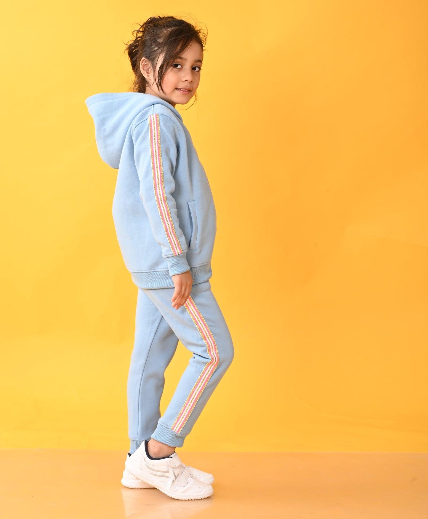 SKY FLEECE PINK GLITTER TAPE RAINBOW ZIPPER HOODIE JOGGER SET - SKY