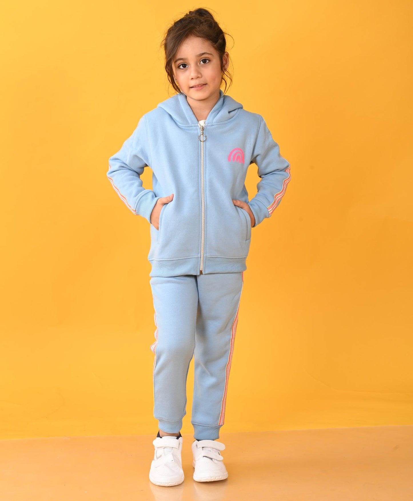 SKY FLEECE PINK GLITTER TAPE RAINBOW ZIPPER HOODIE JOGGER SET - SKY