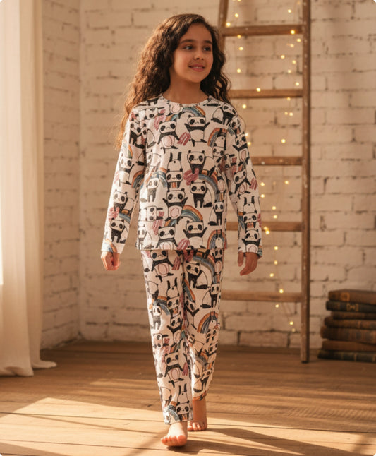 PANDA LONG SLEEVES GIRLS PYJAMA SET - WHITE