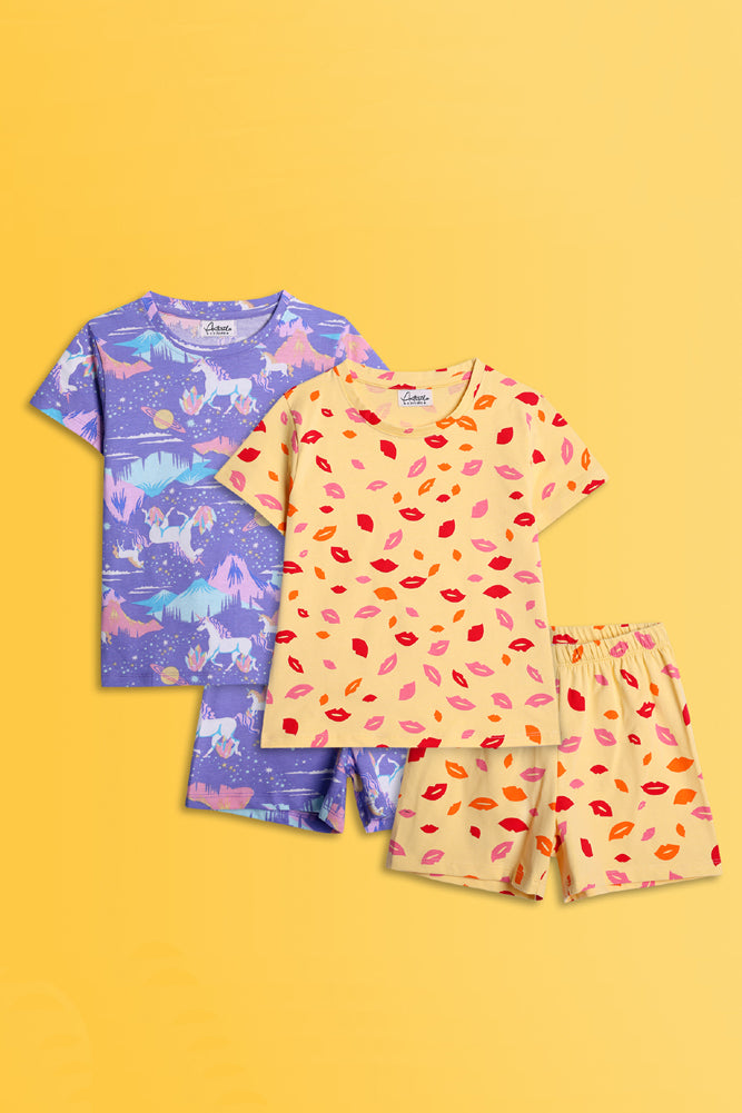 LIPS PRINT AND UNICORN PLANET SLEEPWEAR SHORTS SET (PACK OF 2) - Anthrilo India