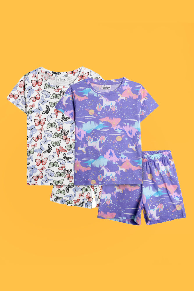 BUTTERFLY FRILL AND UNICORN PLANET SLEEPWEAR SHORTS SET (PACK OF 2) - Anthrilo India