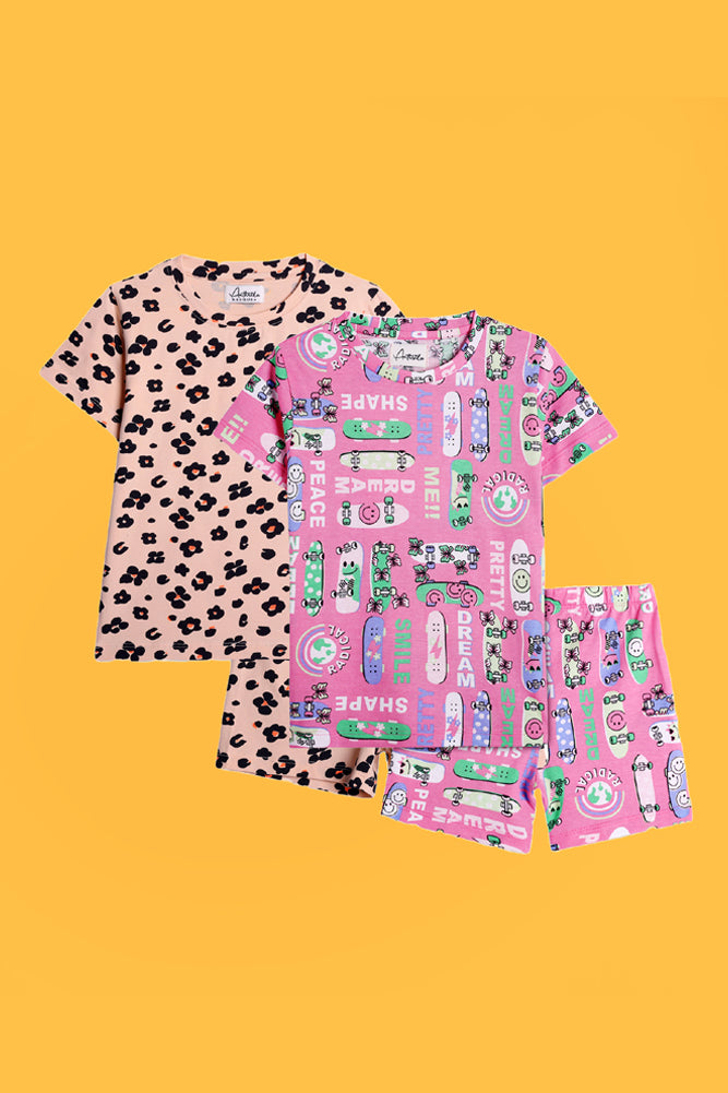 FLORAL LEOPARD AND SKATE PINK SLEEPWEAR SHORTS SET (PACK OF 2) - Anthrilo India
