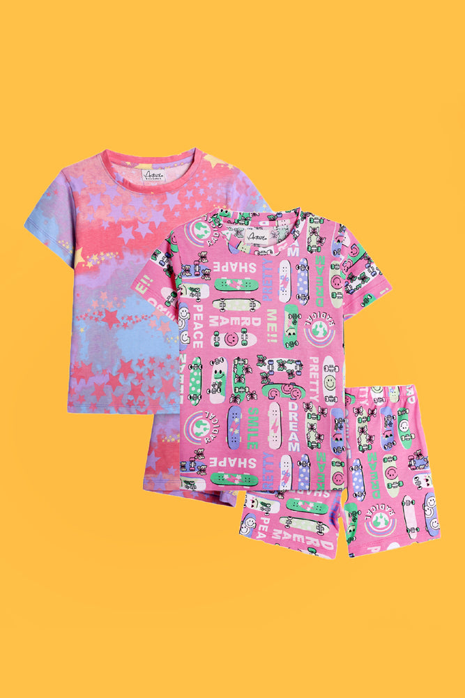 TIE DYE STAR AND SKATE PINK SLEEPWEAR SHORTS SET (PACK OF 2) - Anthrilo India