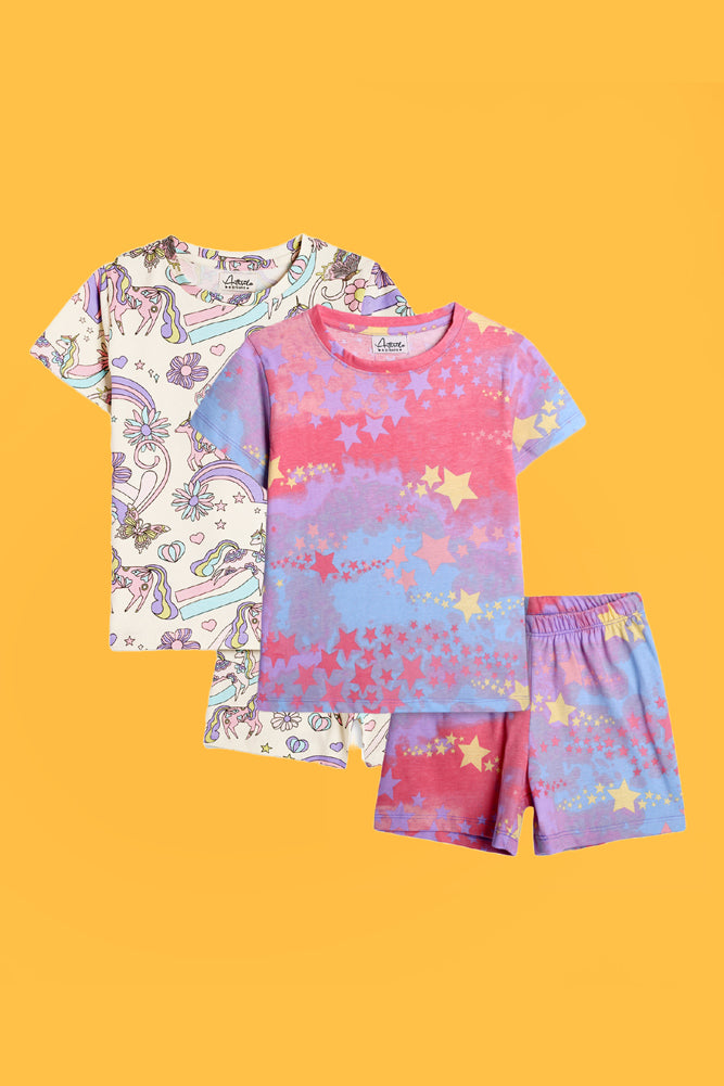 TIE DYE STAR AND UNICORN BUTTERFLY SLEEPWEAR SHORTS SET (PACK OF 2) - Anthrilo India
