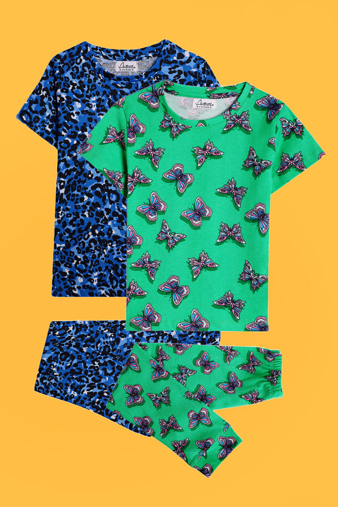 NEW BUTTERFLY GREEN AND LEOPARD BLUE SHORTS SLEEVE PYJAMA SET (PACK OF 2) - Anthrilo India