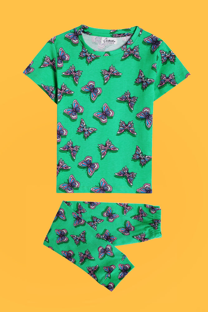 NEW BUTTERFLY GREEN AND LEOPARD BLUE SHORTS SLEEVE PYJAMA SET (PACK OF 2) - Anthrilo India