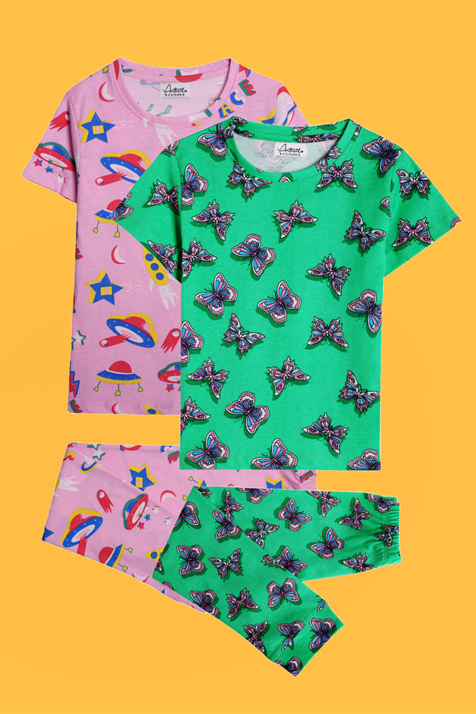 SPACE PINK AND NEW BUTTERFLY GREEN SHORTS SLEEVE PYJAMA SET (PACK OF 2) - Anthrilo India
