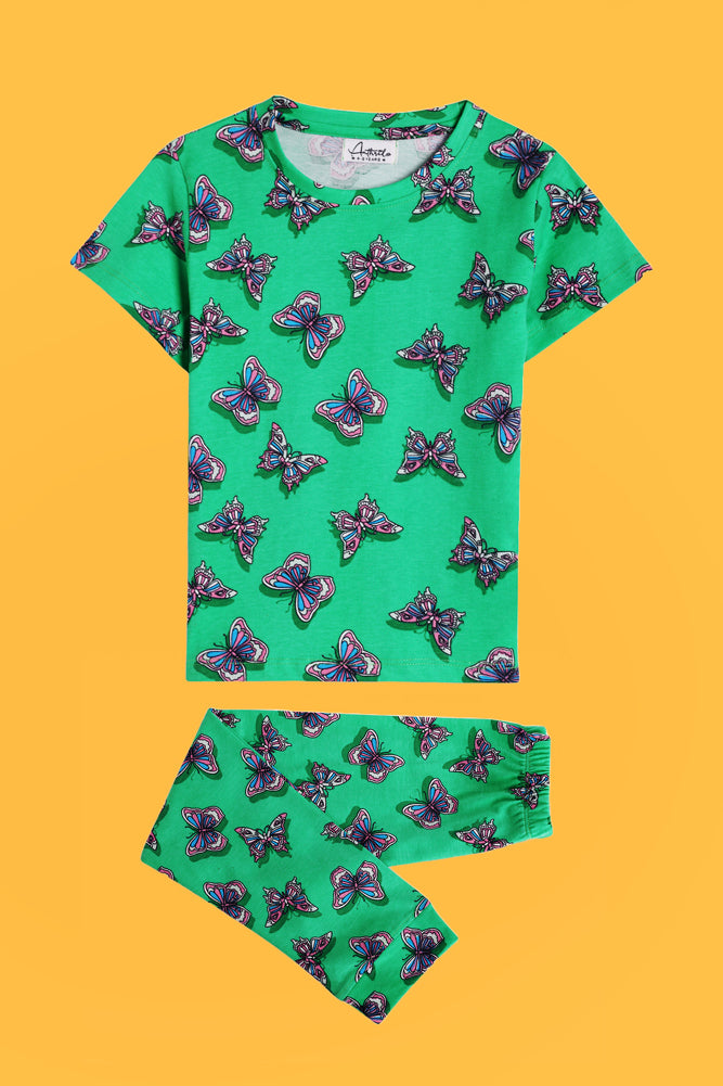 SPACE PINK AND NEW BUTTERFLY GREEN SHORTS SLEEVE PYJAMA SET (PACK OF 2) - Anthrilo India