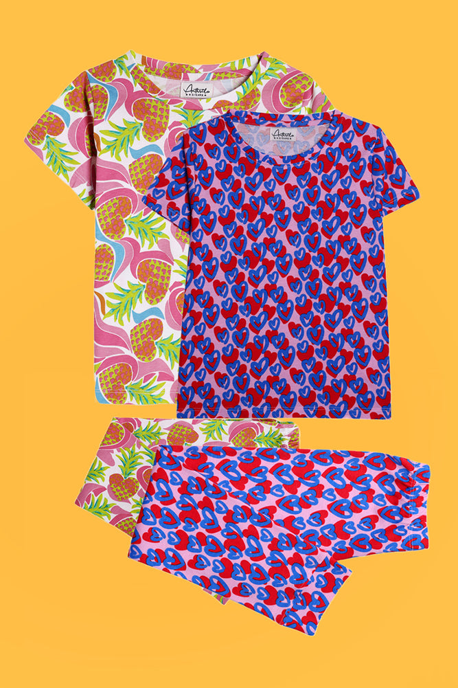 HEART PINEAPPLE AND PINK HEART SHORTS SLEEVE PYJAMA SET (PACK OF 2) - Anthrilo India