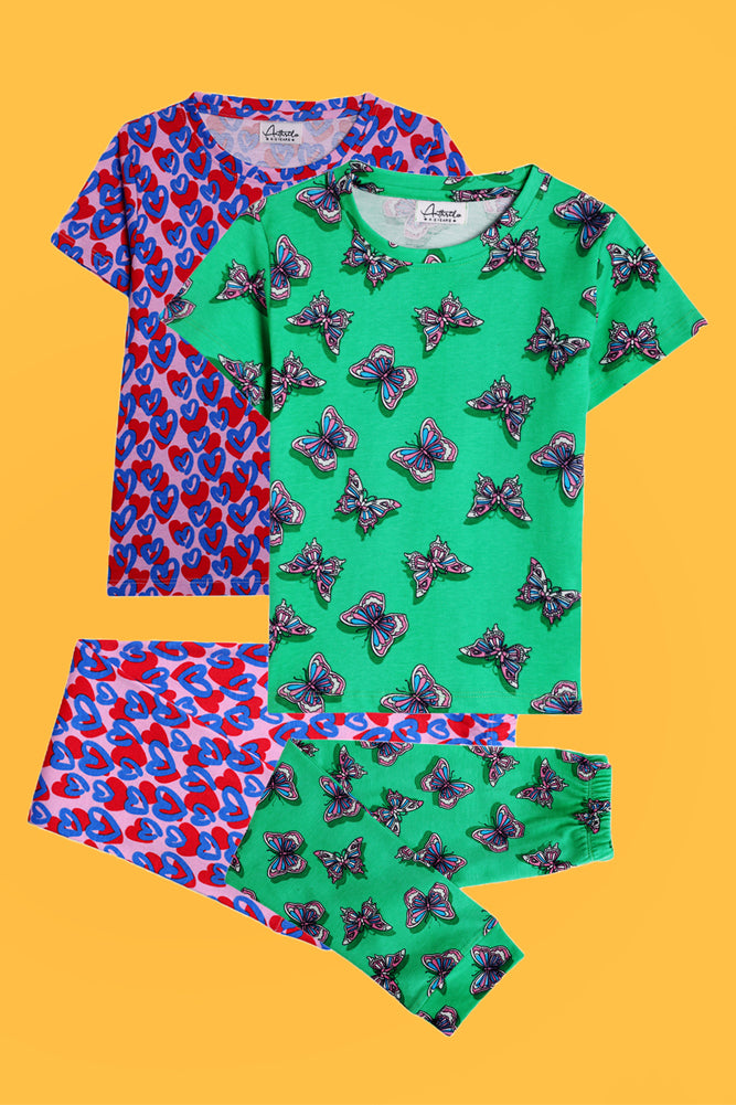 PINK HEART AND NEW BUTTERFLY GREEN SHORTS SLEEVE PYJAMA SET (PACK OF 2) - Anthrilo India