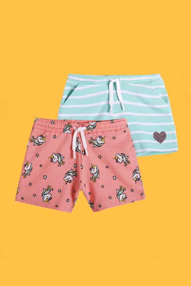 AQUA STRIPE AND UNICORN STAR SHORTS (PACK OF 2)