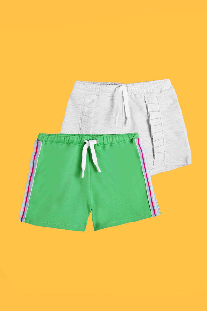 ECRU MELANGE FRILL AND GREEN SIDE TAPE SHORTS (PACK OF 2) - Anthrilo India