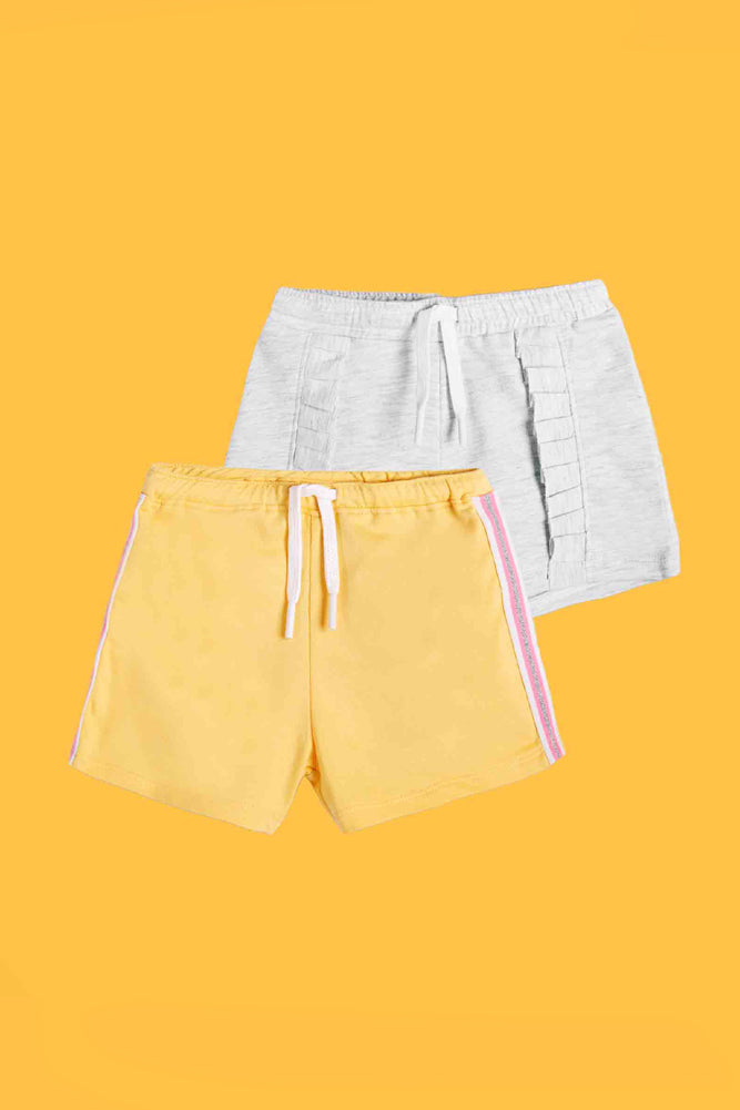ECRU MELANGE FRILL AND YELLOW SIDE TAPE SHORTS (PACK OF 2) - Anthrilo India