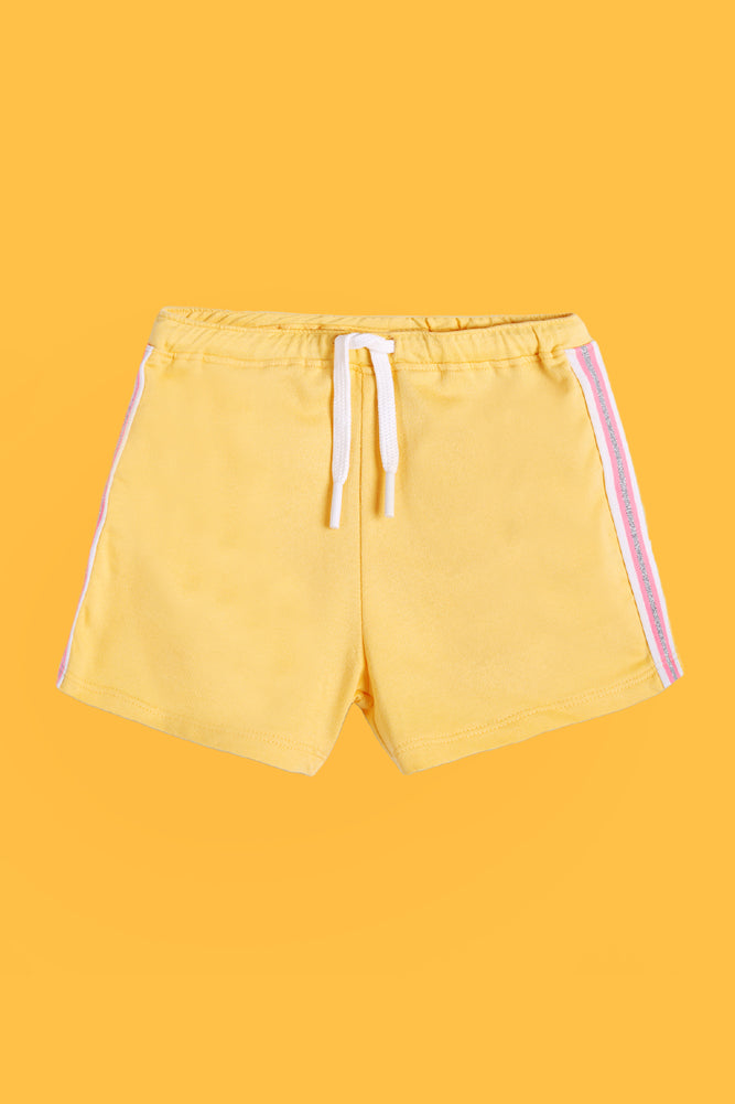 ECRU MELANGE FRILL AND YELLOW SIDE TAPE SHORTS (PACK OF 2) - Anthrilo India