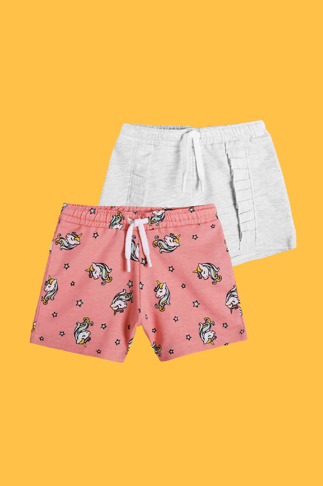 ECRU MELANGE FRILL AND UNICORN STAR SHORTS (PACK OF 2)