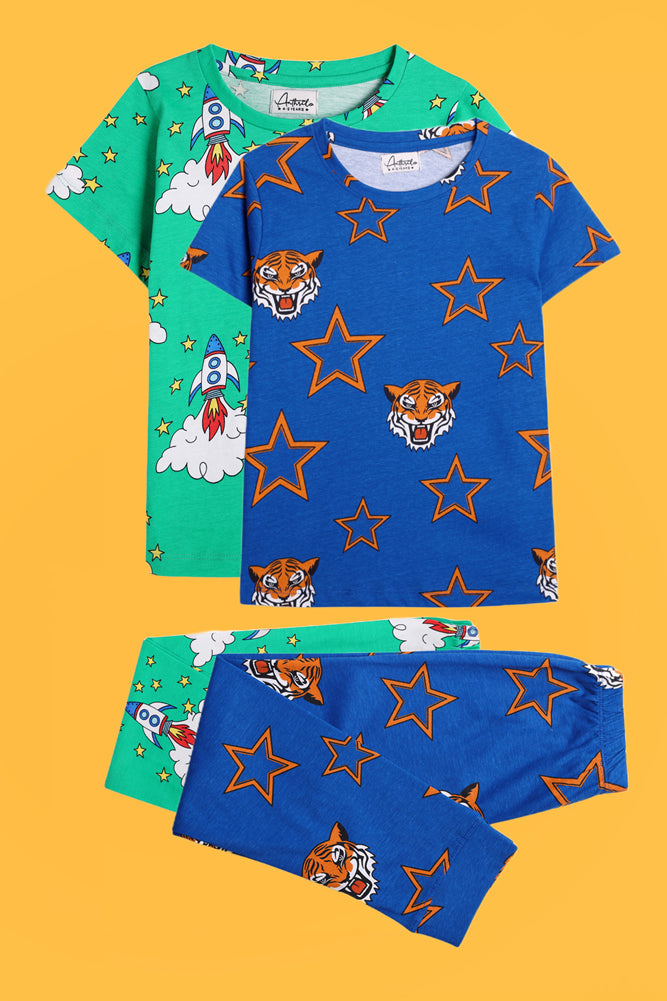 TIGER STAR BLUE AND ROCKET GREEN SHORT SLEEVE PYJAMA SET (PACK OF 2) - Anthrilo India