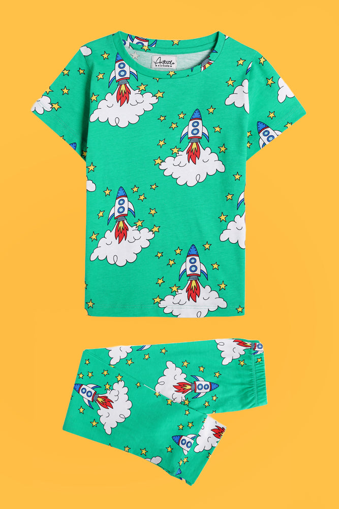 TIGER STAR BLUE AND ROCKET GREEN SHORT SLEEVE PYJAMA SET (PACK OF 2) - Anthrilo India