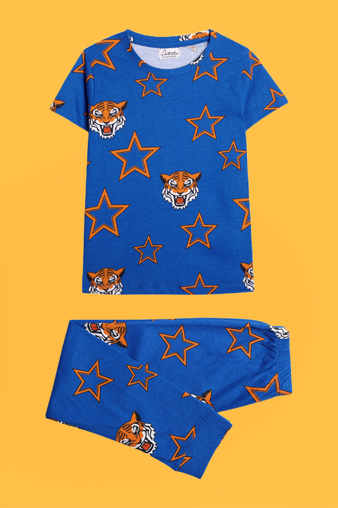 TIGER STAR BLUE AND ROCKET GREEN SHORT SLEEVE PYJAMA SET (PACK OF 2) - Anthrilo India