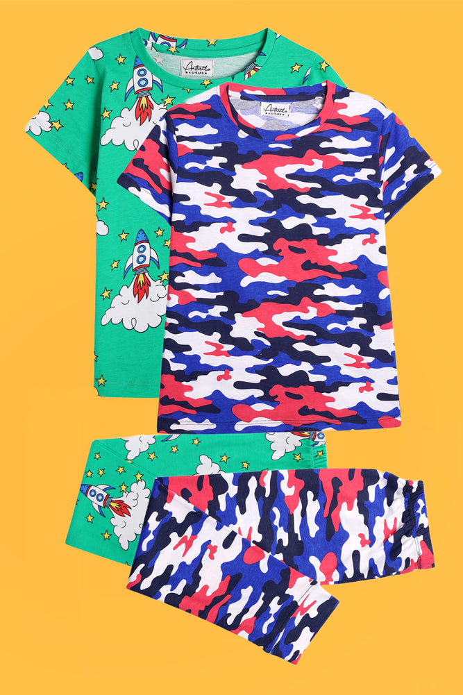 CAMOUFLAGE WHITE AND ROCKET GREEN SHORT SLEEVE PYJAMA SET (PACK OF 2) - Anthrilo India