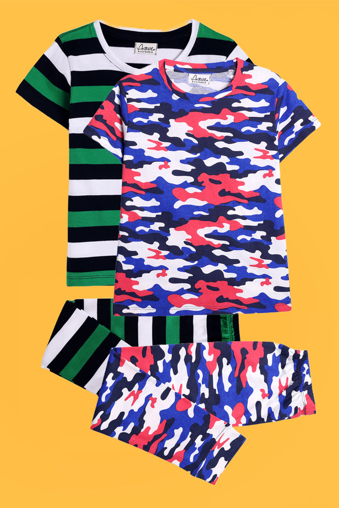 CAMOUFLAGE WHITE AND GREEN STRIPED SHORT SLEEVE PYJAMA SET (PACK OF 2) - Anthrilo India