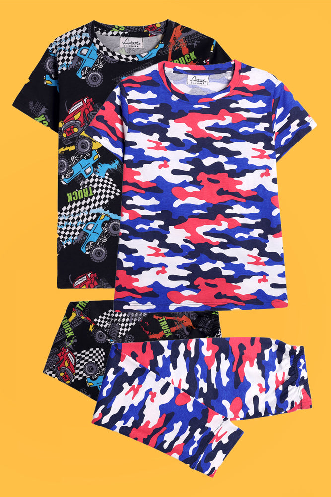 CAMOUFLAGE WHITE AND TRUCK SHORT SLEEVE PYJAMA SET (PACK OF 2) - Anthrilo India