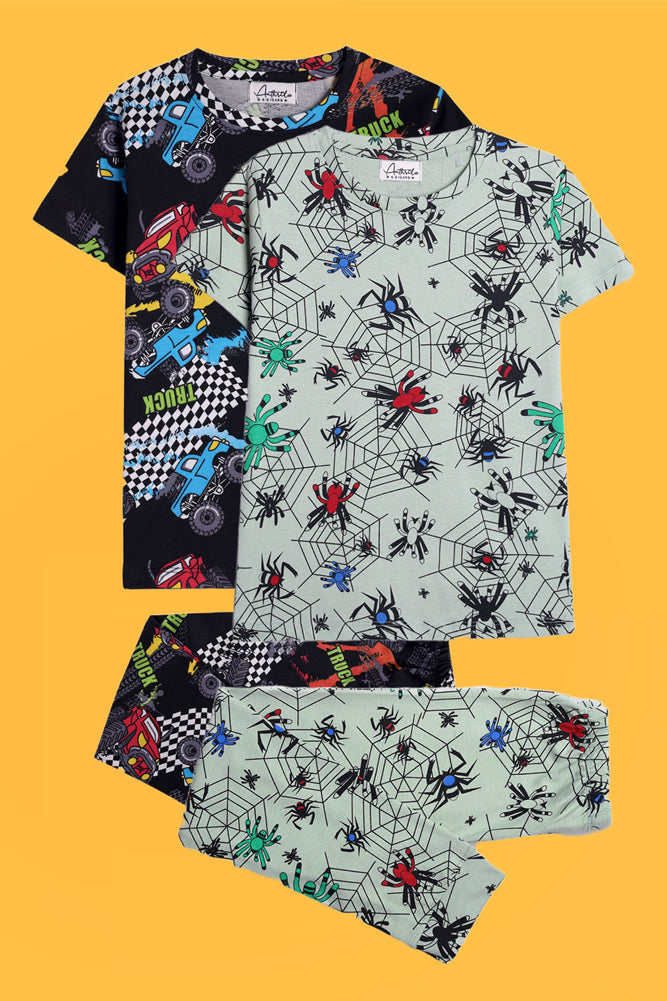 SPIDER GREEN AND TRUCK SHORT SLEEVE PYJAMA SET (PACK OF 2) - Anthrilo India