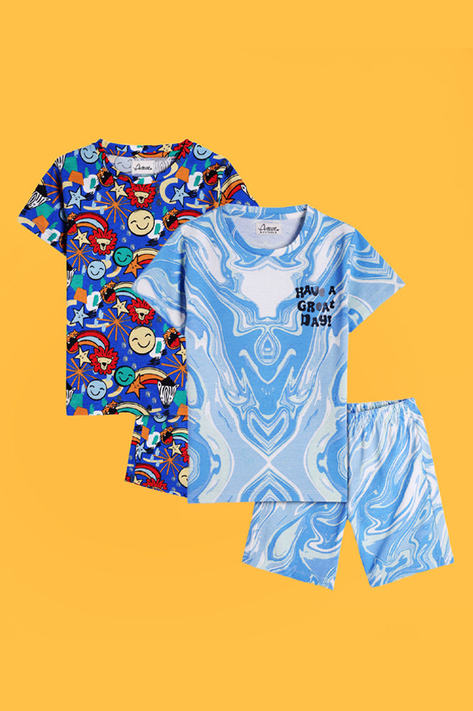 ANIMAL BLUE AND MARBLING BLUE SLEEPWEAR SHORT SET (PACK OF 2) - Anthrilo India