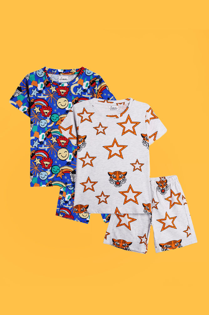 ANIMAL BLUE AND TIGER STAR GREY SLEEPWEAR SHORT SET (PACK OF 2)