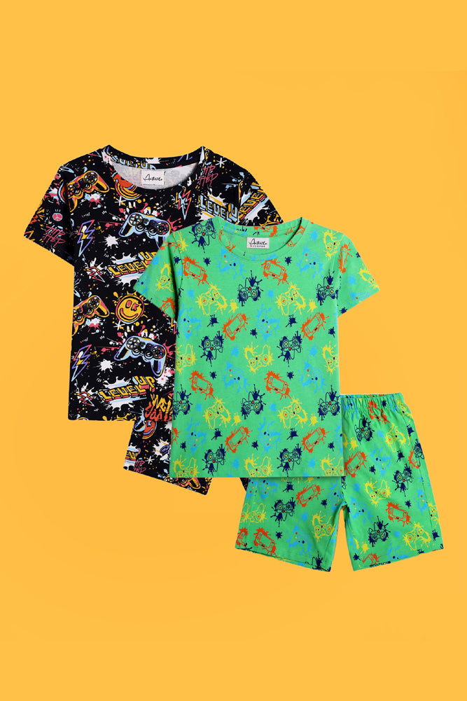 LEVEL UP AND GAMER GREEN SLEEPWEAR SHORT SET (PACK OF 2) - Anthrilo India