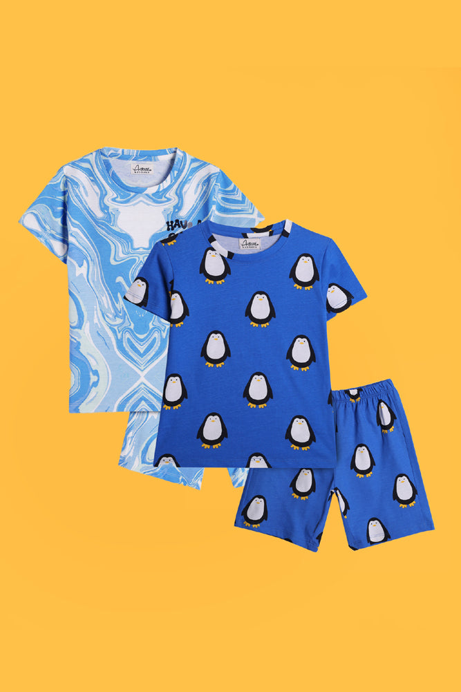 MARBLING BLUE AND PENGUN BLUE SLEEPWEAR SHORT SET (PACK OF 2) - Anthrilo India