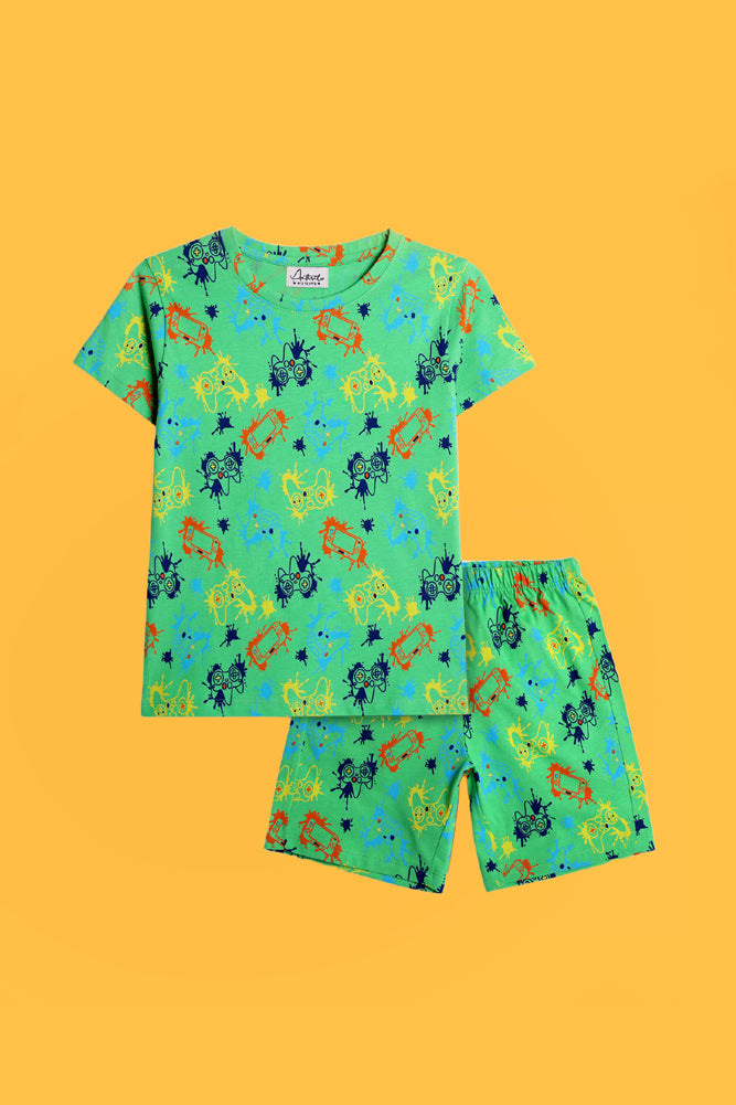 MARBLING BLUE AND GAMER GREEN SLEEPWEAR SHORT SET (PACK OF 2) - Anthrilo India