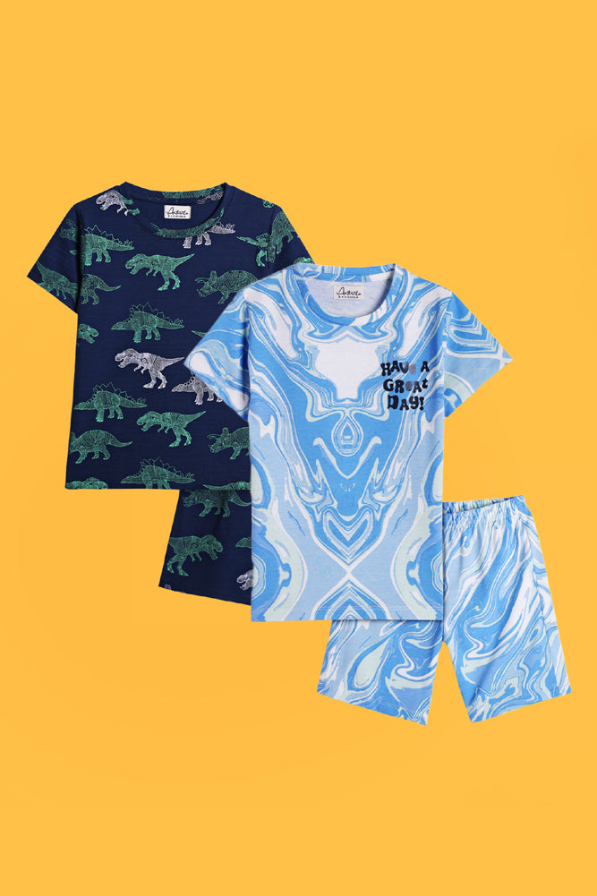 MARBLING BLUE AND DINOSAUR NAVY SLEEPWEAR SHORT SET (PACK OF 2) - Anthrilo India