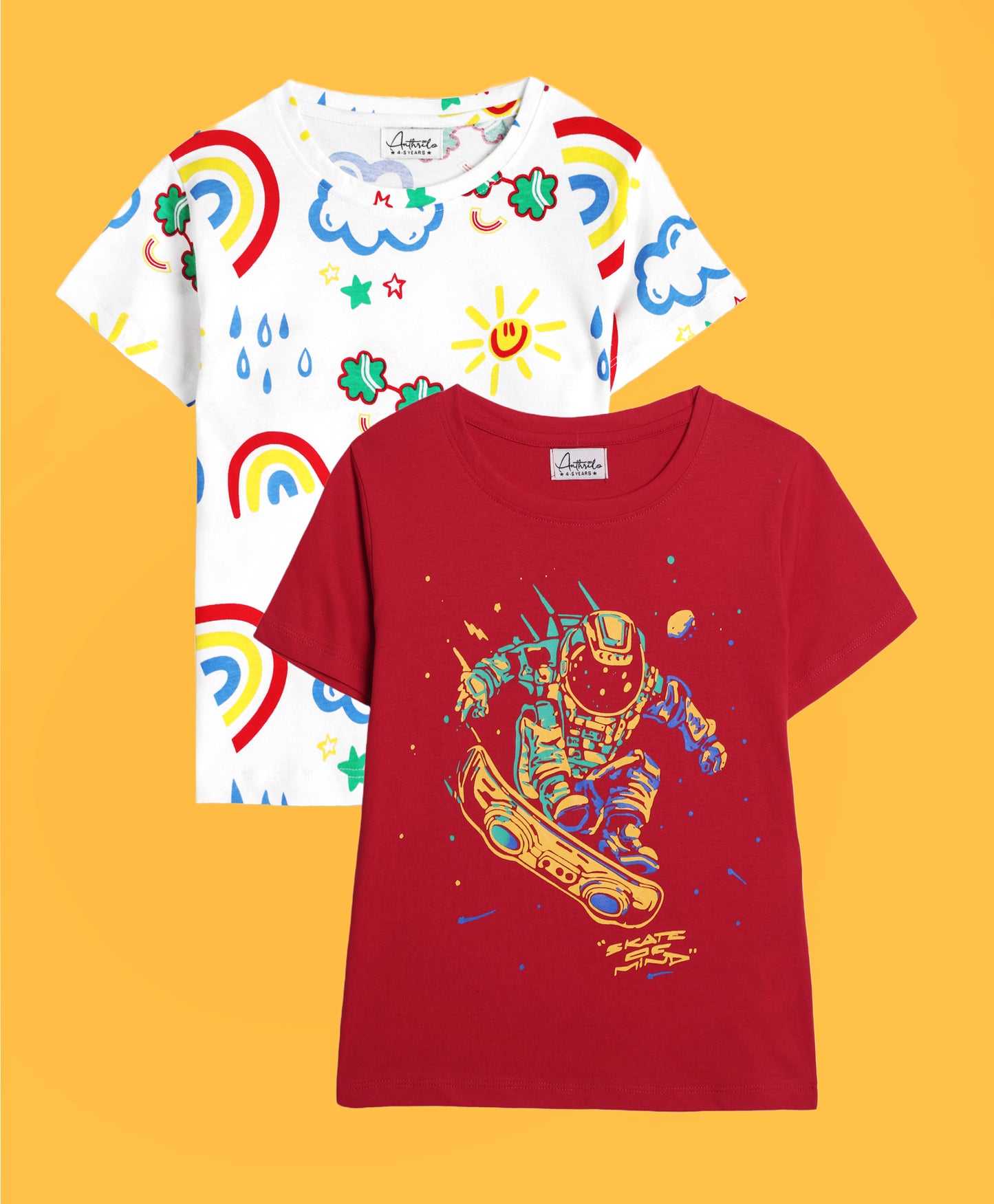 RAINBOW RAIN AND SKATE RED SHORT SLEEVE T-SHIRT (PACK OF 2)