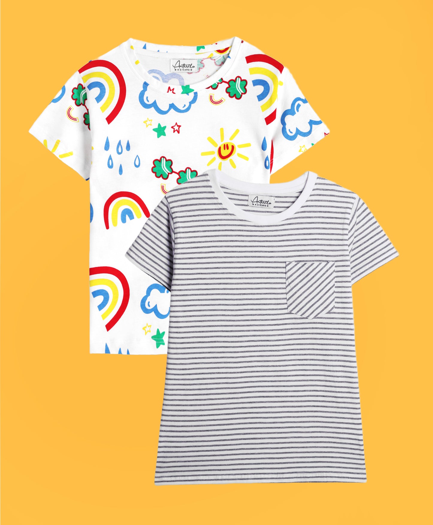 RAINBOW RAIN AND GREY STRIPED SHORT SLEEVE T-SHIRT (PACK OF 2)