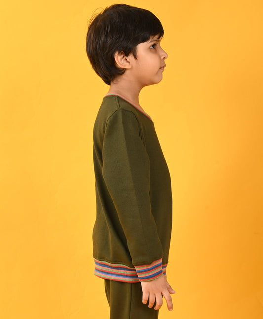 OLIVE MULTICOLOR RIB FLEECE SWEATSHIRT - OLIVE - Anthrilo