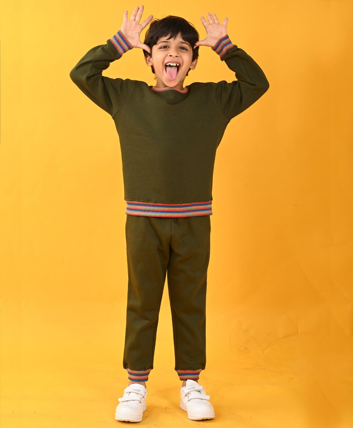 OLIVE MULTICOLOR RIB FLEECE SWEATSHIRT JOGGER SET - OLIVE