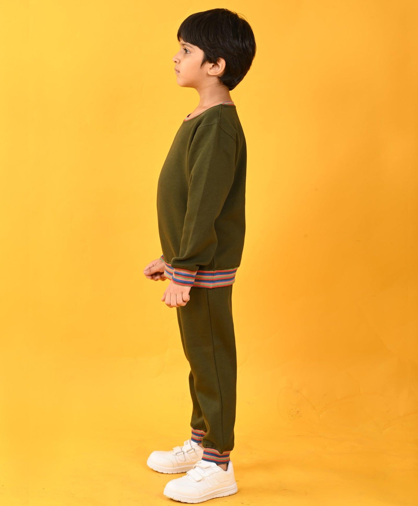 OLIVE MULTICOLOR RIB FLEECE SWEATSHIRT JOGGER SET - OLIVE