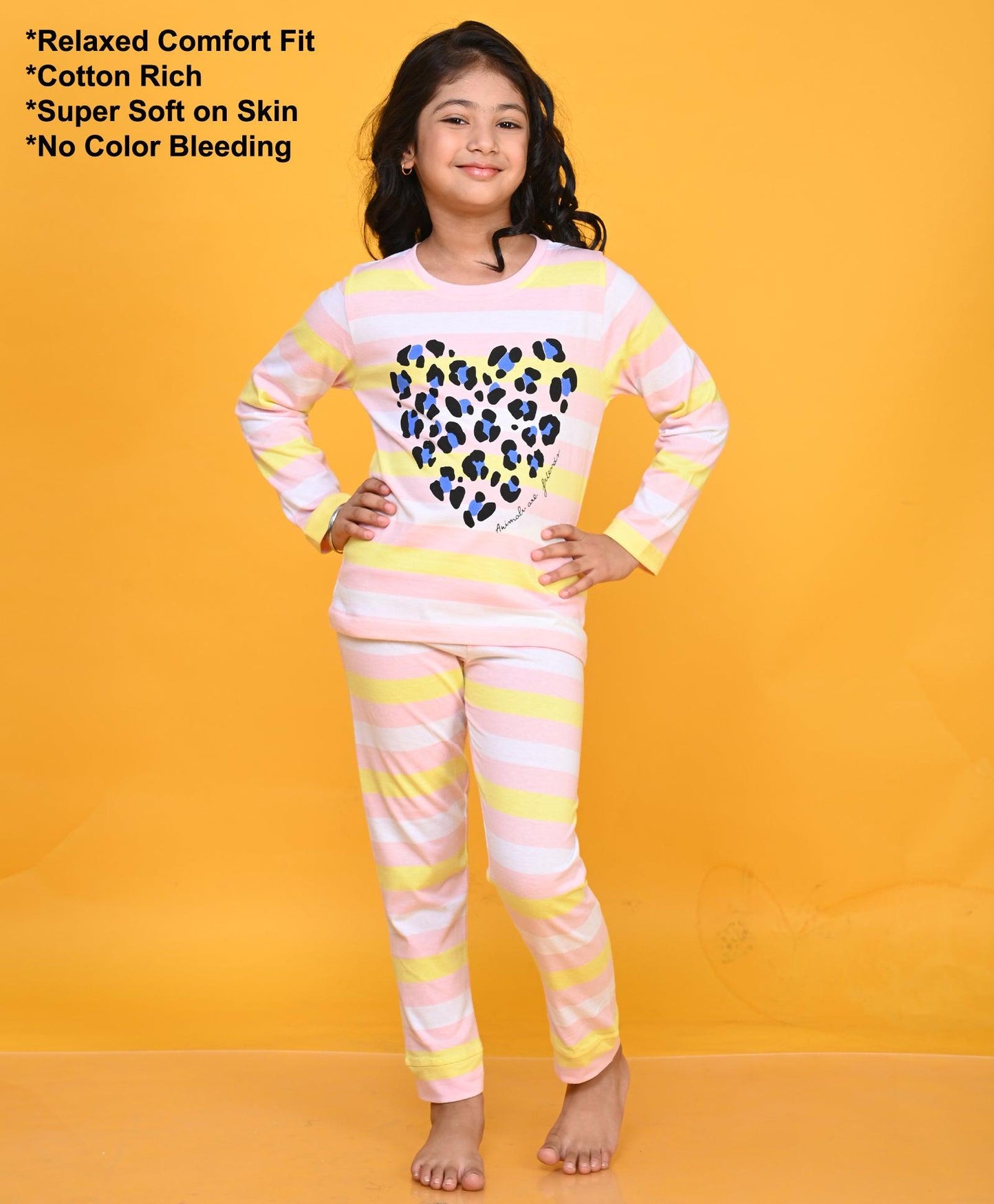 LEOPARD HEART STRIPE PRINT LONG SLEEVE PYJAMA SET - PINK/WHITE