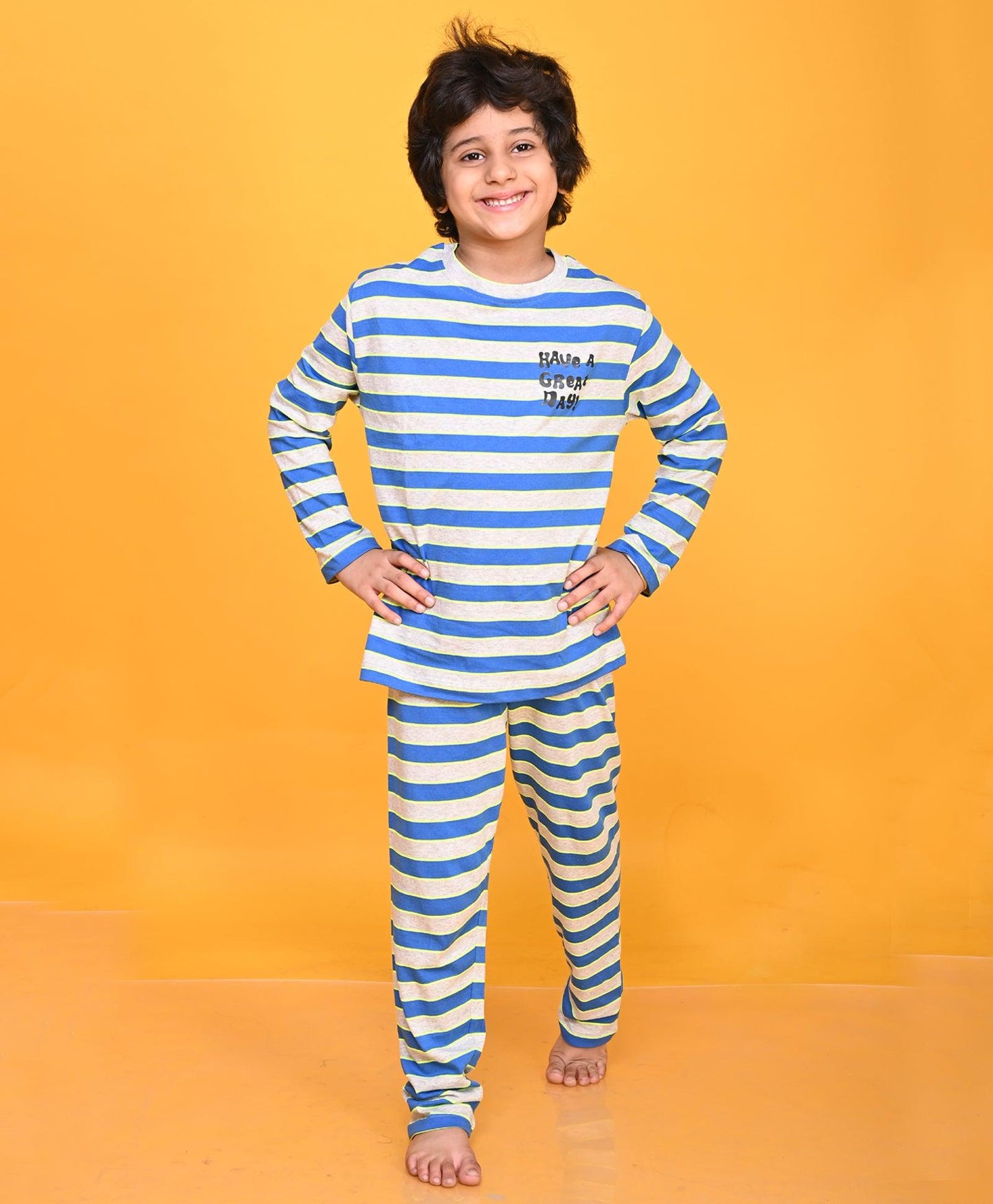 ECRU MELANGE ROYAL NEON STRIPE PYJAMA SET - ECRU