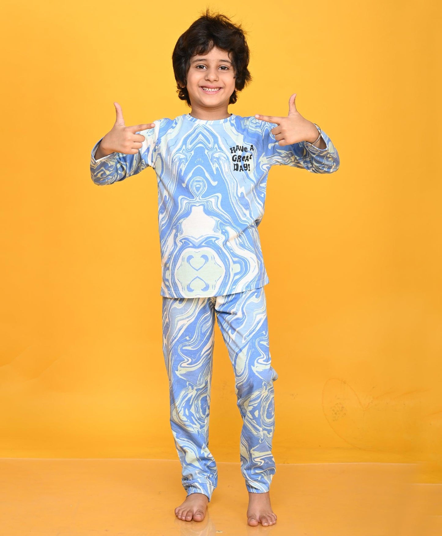 MARBLING BLUE LONG SLEEVE PYJAMA SET - BLUE