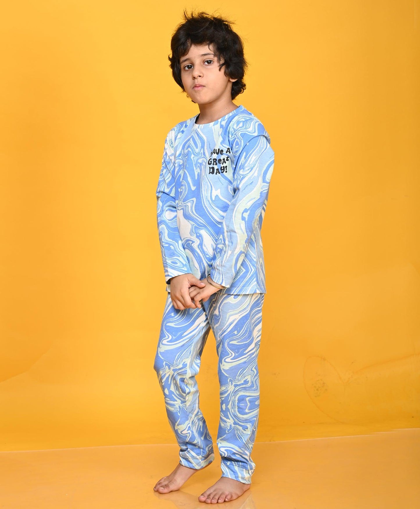 MARBLING BLUE LONG SLEEVE PYJAMA SET - BLUE