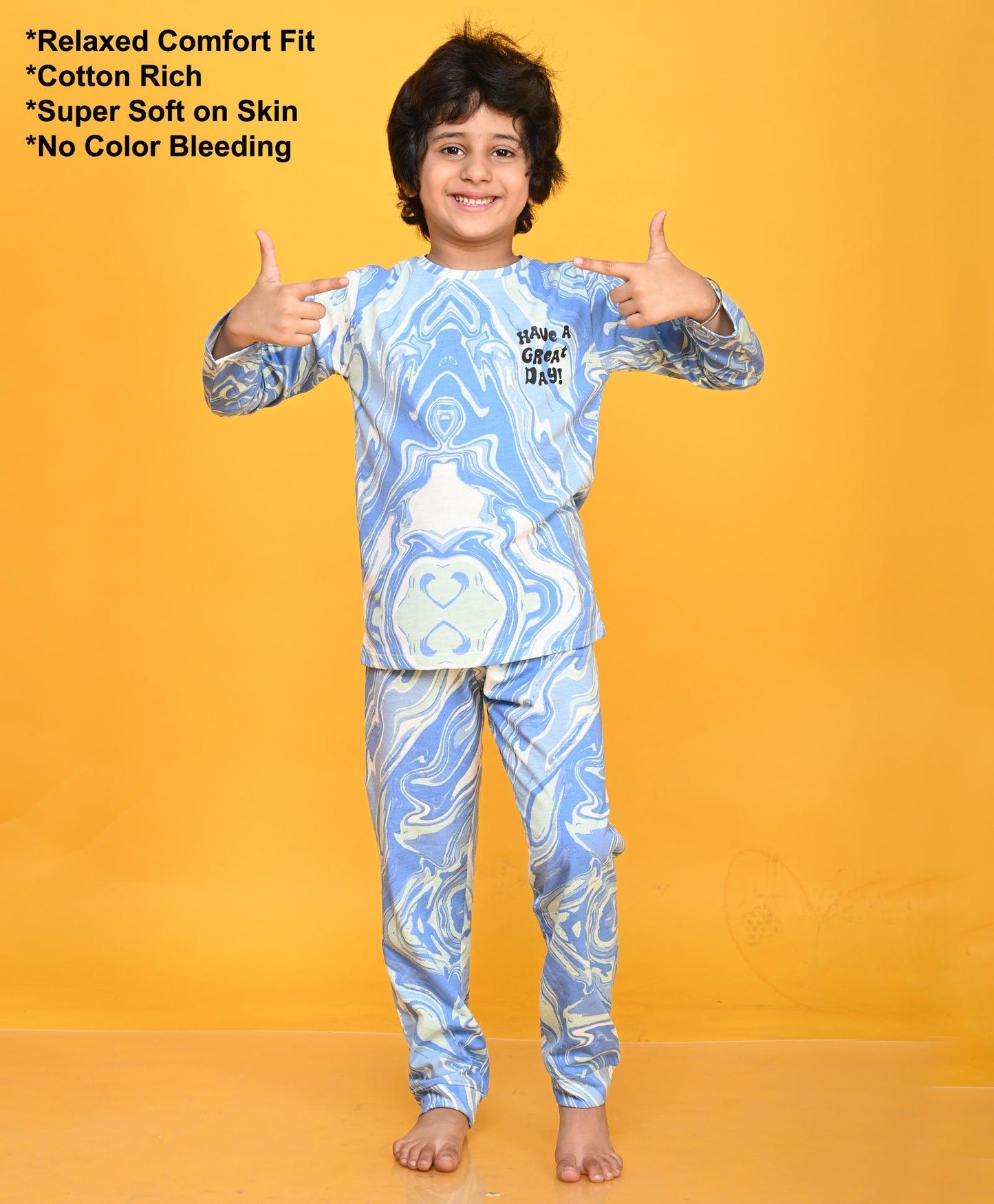 MARBLING BLUE LONG SLEEVE PYJAMA SET - BLUE