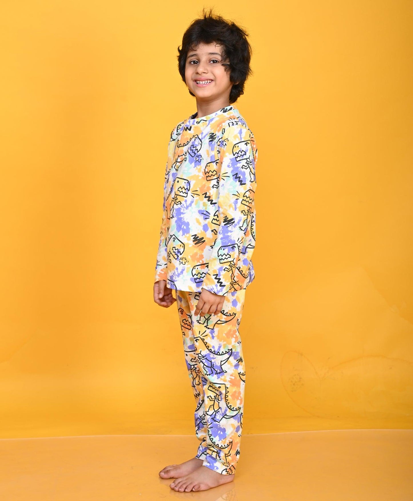 TIE DYE DINOSAUR LONG SLEEVE PYJAMA SET - WHITE