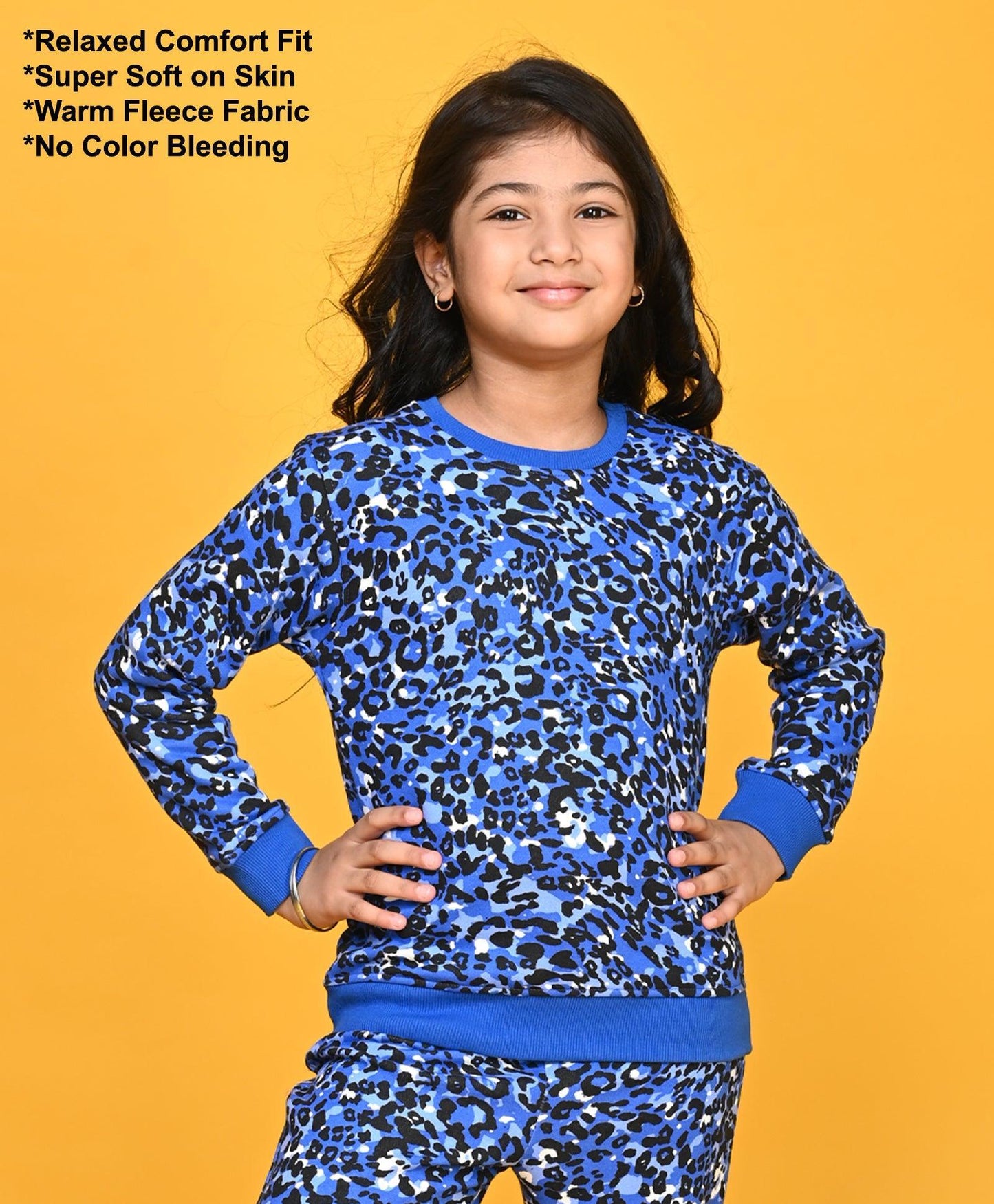 LEOPARD BLUE GIRLS FLEECE SWEATSHIRT - BLUE - Anthrilo
